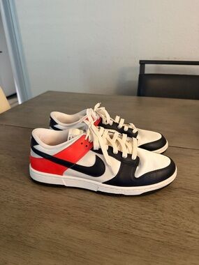 Nike Dunk Low-Top Sneakers in White, Black & Red-Orange Accent